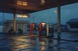 Evening shot of a lit-up gas station with reflections on the wet ground creates a cinematic feel