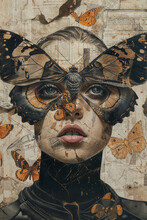 A Captivating Artwork Blending A Woman's Visage With Butterfly Wings, Evoking A Surreal Masquerade. Generative AI