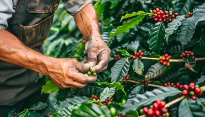 Farmer s hand harvesting arabica or robusta coffee berries in agricultural field