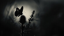 A Dramatic Silhouette Of A Butterfly Poised On A Spiky Thistle, The Contrast Between The Delicate Creature And The Harsh Plant Accentuated By The Black Background. 