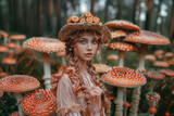 Fototapeta Miasto - beautiful girl in a fairytale forest, between toadstools
