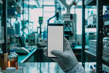 Aufkleber - Close-up of a white gloved hand displaying a smartphone with a blank screen amidst lab equipment and supplies
