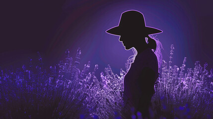 A woman's silhouette in a hat, standing in a lavender field, with a gentle breeze creating waves in the purple sea around her. Black background color.