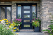 Modern Dark Blue Exterior Door With 5 Glass Panels and Sidelights