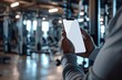 A clear view of a smartphone in use within a gym setting filled with various workout equipment, highlighting the tech in fitness