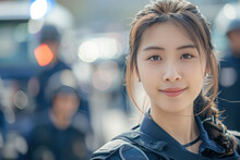 Asian Woman Wearing Police Officer Uniform, Patrol Car Background