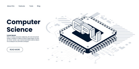 Isometric CPU computer processor in outline style. Computer technology web page concept. Data processing. Tech banner design. Vector illustration.