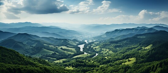 Sticker - Panoramic view of mountains and river in the valley