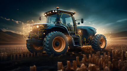 Wall Mural - a tractor in an agricultural field with smart phone screen and electricity lines