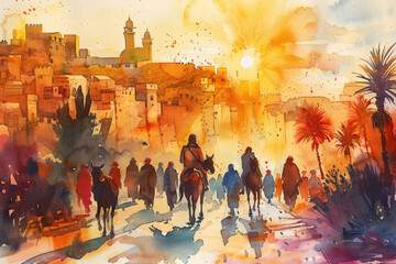 Wall Mural - Yellow watercolor of Jesus riding a donkey to Jerusalem, palm sunday