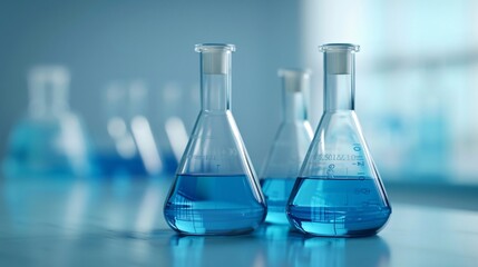 Glass flasks with blue solutions in a chemical laboratory.  Medical research, pharmaceutical discovery and science concept