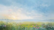 The sun rises over a peaceful meadow, casting a warm glow on the blossoming wildflowers and the morning mist around the distant hills.
