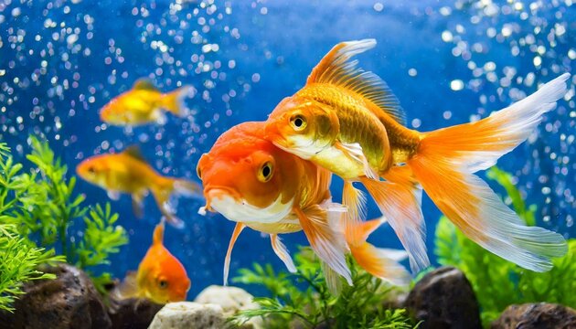Animals gold fishes pets aquarium freshwater fish background - sweet cute goldfish (cyprinidae) swimming in blue water 