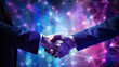 close up hand of young Arabian man in white suit handshake after finishing up meeting with graphic network diagram, partnership, teamwork, technology, connection, financial and investment concept