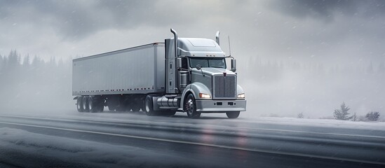 Long truck on winter city background