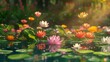 The still waters of the lotus pond come alive with a colorful eruption of vibrant flowers.