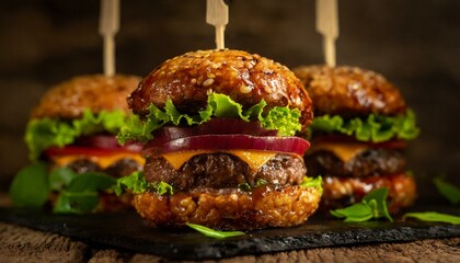 Wall Mural - Close-up of home made tasty burgers on wooden table.