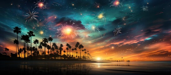 Poster - palm trees with fireworks in the night sky background