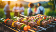 Sizzling skewers on BBQ grill with blurred crowd background, evoking the aroma and joy of outdoor BBQ gatherings