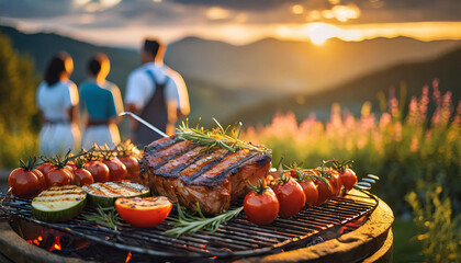 Sizzling skewers on BBQ grill with blurred crowd background, evoking the aroma and joy of outdoor BBQ gatherings