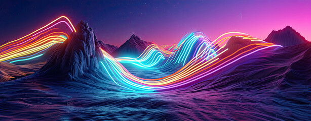 Sticker - Surreal landscape: rocky mountains and neon curvy colorful lines in motion. Flowing energy concept. Glowing trajectory path data flow concept