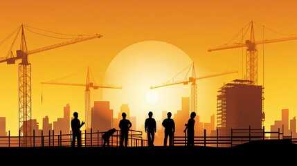 Wall Mural - Below there are some worker silhouettes working on construction site, with cranes on building site in cityscape. background is light orange gradient in white and yellow color. generative AI