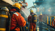 Seamen during fire emergency training drill, on board a merchant cargo ship, wearing fire fighting equipment and helmets. Rigged fire hose for jet spray, with emergency fire pump