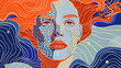 © Visionary Vistas - A portrait of a woman with an abstract design. The woman's face is divided into two contrasting color schemes with orange-red and blue hues