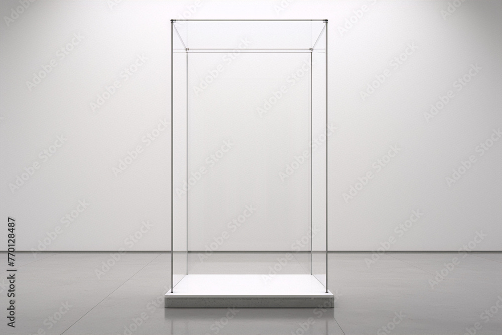 3D rendering of an empty glass display case in a modern minimal gallery ...