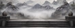 Misty mountain peaks and stone terrace with ornate urns, digital art in traditional Chinese landscape painting style