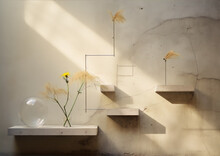 Dried Yellow Flowers And Plants In Glass Vase And Concrete Shelves On Beige Wall With Sunlight And Shadows, Minimalist Interior Design, Still Life Photography.