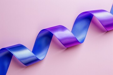 Poster - A blue and purple ribbon is curled up on a pink background