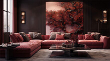 A Photo Of A Living Room With A Red Velvet Sofa, A Marble Coffee Table, And A 3D Wall Sculpture Of A Cherry Blossom Tree In Full Bloom.