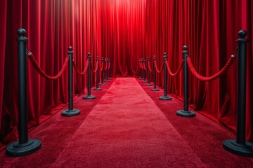 Poster - A red carpet with black poles and red ropes