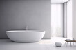 Bathroom interior in a contemporary style with a freestanding bathtub, pebble, stool and large windows with white curtains