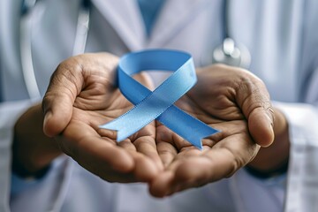 Wall Mural - A doctor holds a blue ribbon in his hand