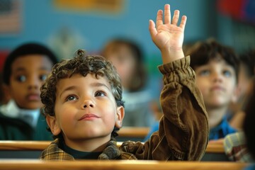 Wall Mural - A boy is raising his hand in a classroom