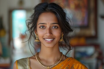 Sticker - A woman with a gold necklace and a yellow sari is smiling