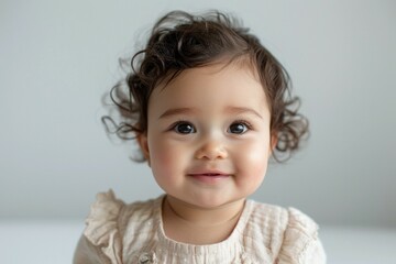 Wall Mural - A baby girl with curly hair and a white dress is smiling