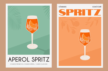 Wall Mural - Aperol Spritz Cocktail in glass with ice and orange slice. Summer Italian aperitif retro poster set. Wall art with alcoholic beverage garnished with orange wedge and citrus tree on background. Vector.