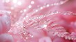 Transparent drops of dew on the leaves of the fern with the reflection of the peony flower. Transparent water droplets in nature macro on a pink background.