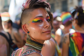 Wall Mural - Queer person at gay pride parade, short hair and colorful make up in the streets full of lgbt people