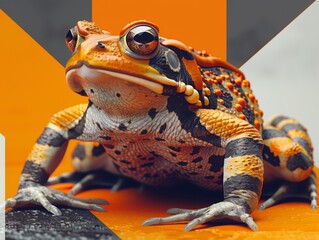 Wall Mural - Vibrant toad portrait on orange abstract background: close-up image of a frog with detailed textures against a vivid orange, abstract backdrop