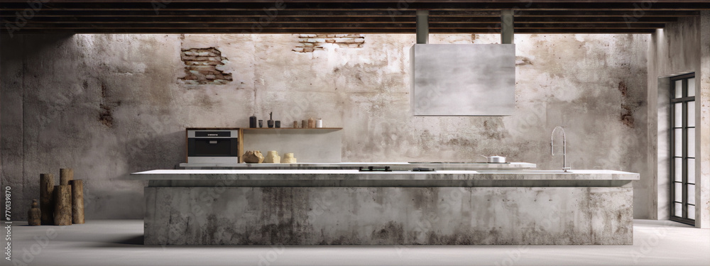 Industrial minimalist kitchen interior with concrete walls and ...