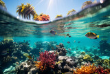Fototapeta Do akwarium - fresh and pure human with A mesmerizing tapestry of life unfolds within vibrant coral reef, as a bustling community of fish, with their diverse species and schools, creates a lively underwater neighbo