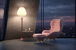 Pink curvy velvet armchair and matching ottoman in a modern room with floor to ceiling windows overlooking a snowy cityscape at night