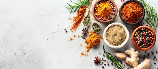 Wall Mural - Various bright dry spices in bowls and spoons placed next to ginger, garlic, and rosemary on a white surface with space for text, seen from above.