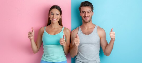 Wall Mural - Athletic couple in teal tank tops showing thumbs up on soft colored backdrop with room for text