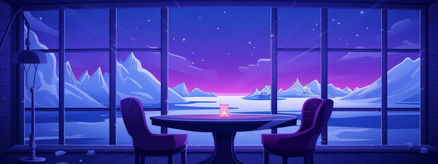 Purple blue pink cartoon style living room interior with two chairs and a table with a candle, a lamp and a cat, with a view of a snowy mountain landscape with a castle and a lake at sunset.