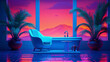 Synthwave style bathroom interior with blue bathtub and pink neon lights